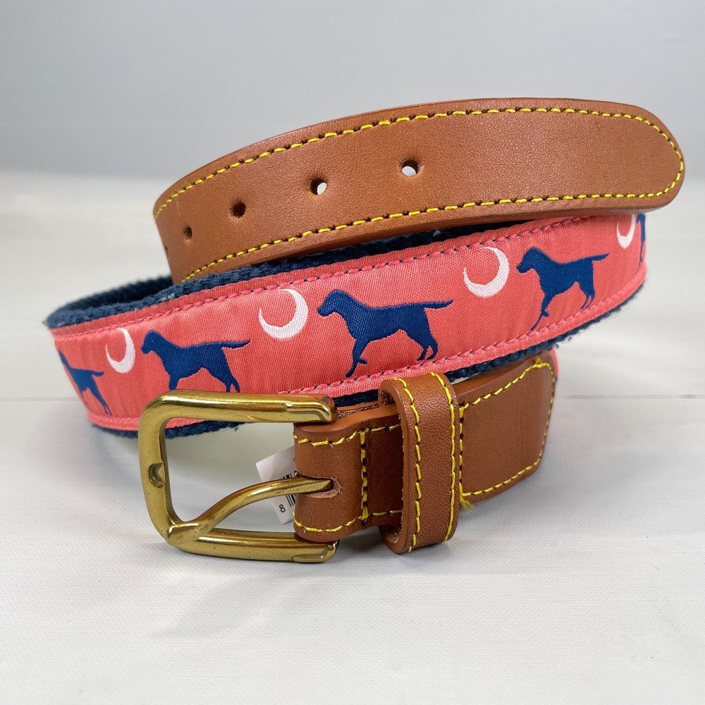 Simply Southern Canvas Ribbon Leather Belt Size 34 Dog & Crescent Moon Pink Navy